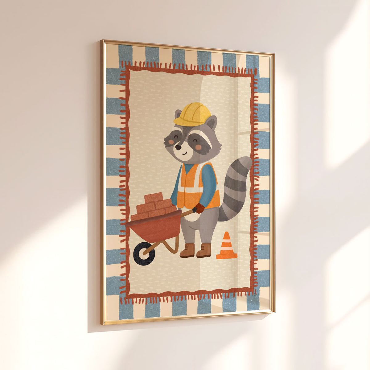 Illustrated poster of a raccoon in a hard hat and hi-vis vest pushing a wheelbarrow full of bricks