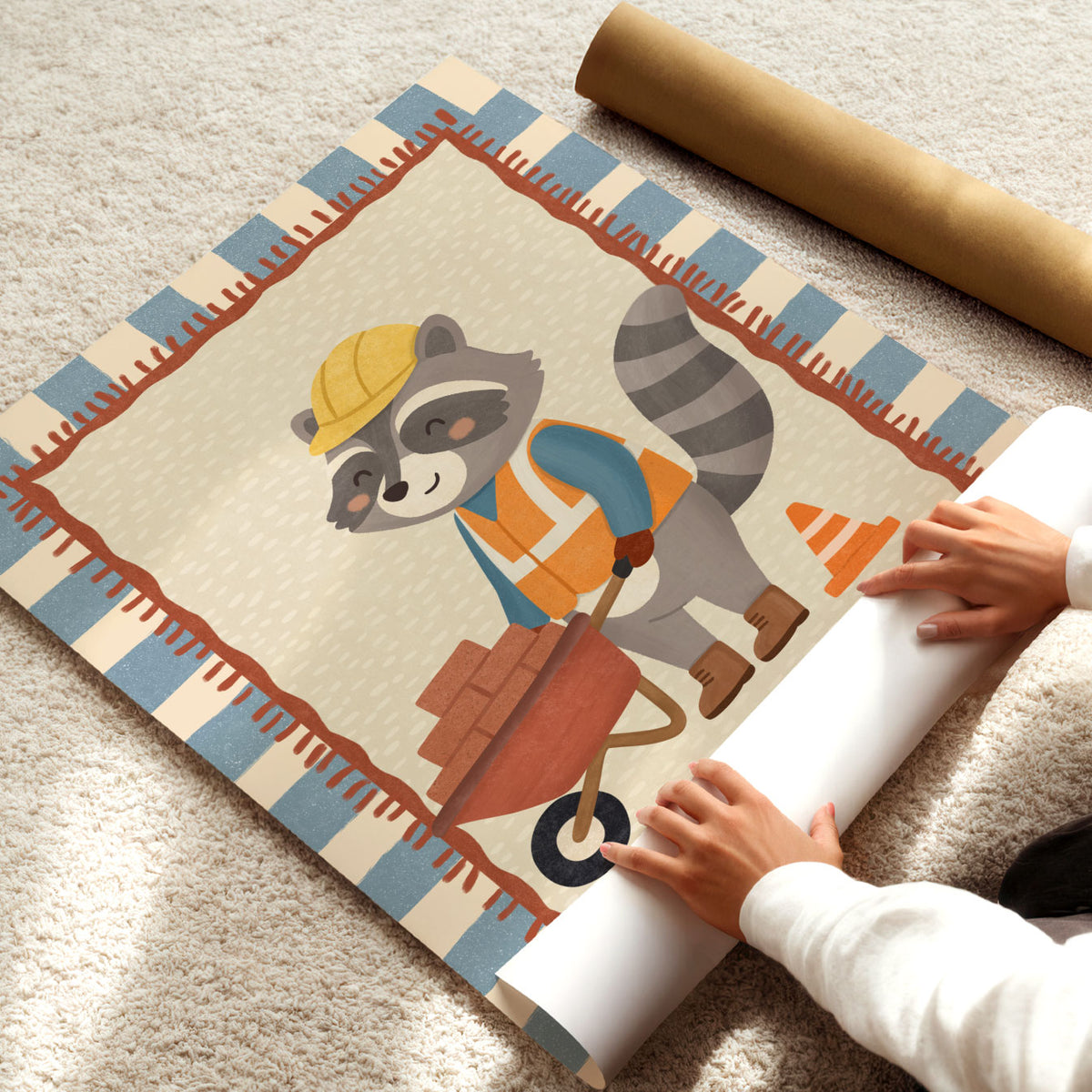 Illustrated poster of a raccoon in a hard hat and hi-vis vest pushing a wheelbarrow full of bricks