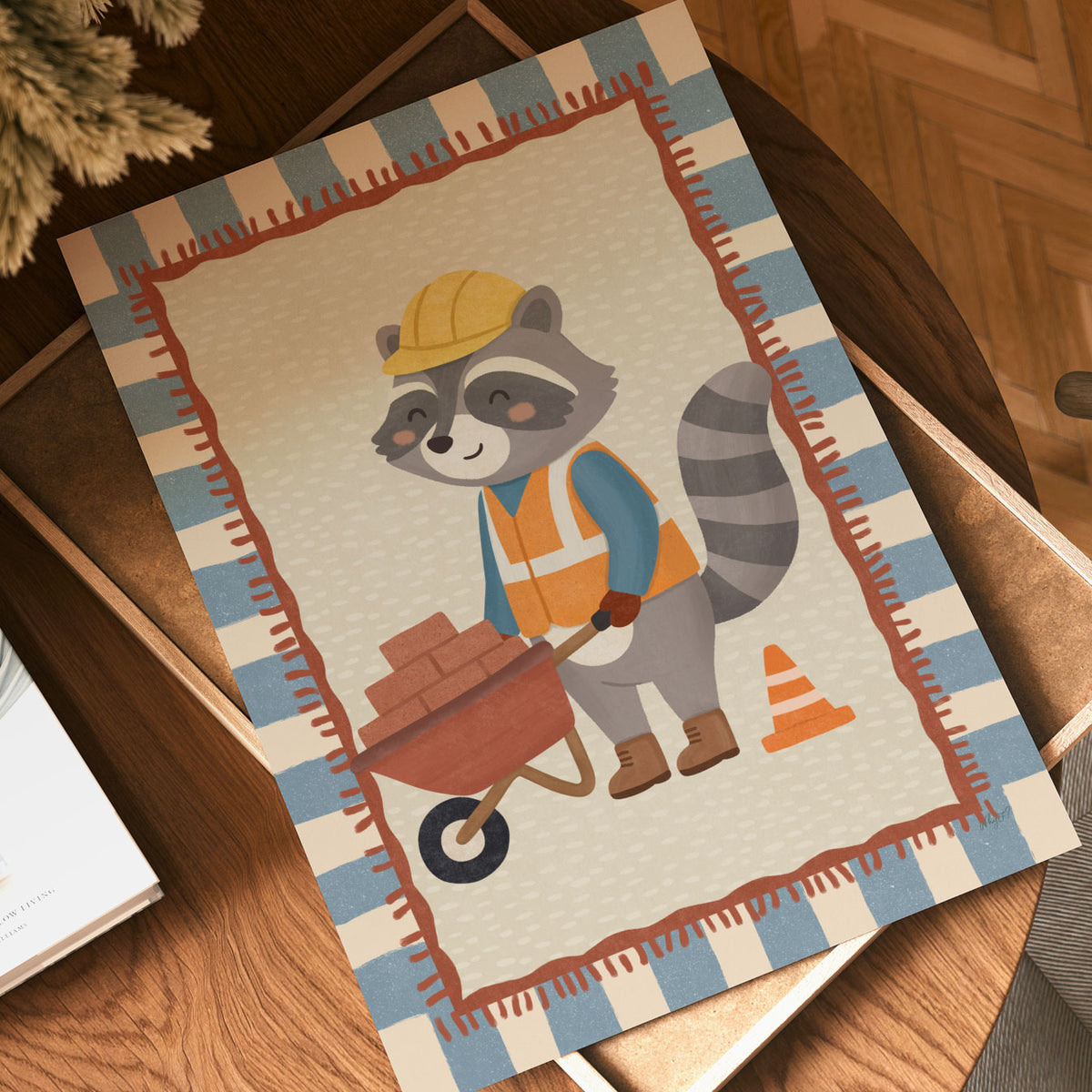 Illustrated poster of a raccoon in a hard hat and hi-vis vest pushing a wheelbarrow full of bricks