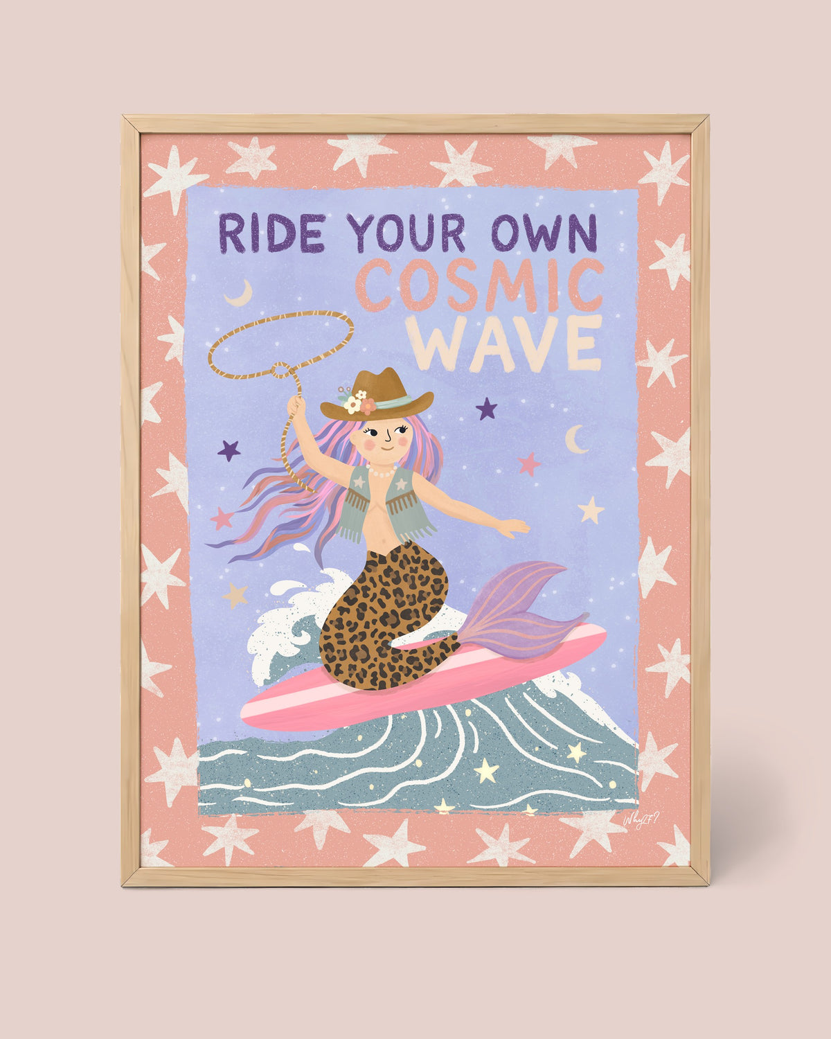 Cosmic Wave Mermaid Poster framed in a natural wood frame