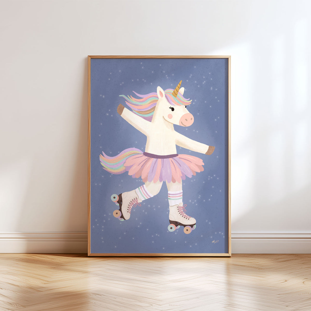 Illustrated poster of a unicorn in a tutu and roller skates gliding across a starry navy sky