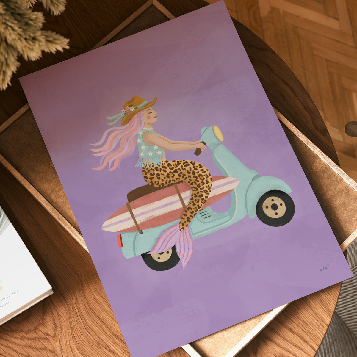 Illustrated poster of a mermaid riding a mint scooter with a surfboard on a purple background