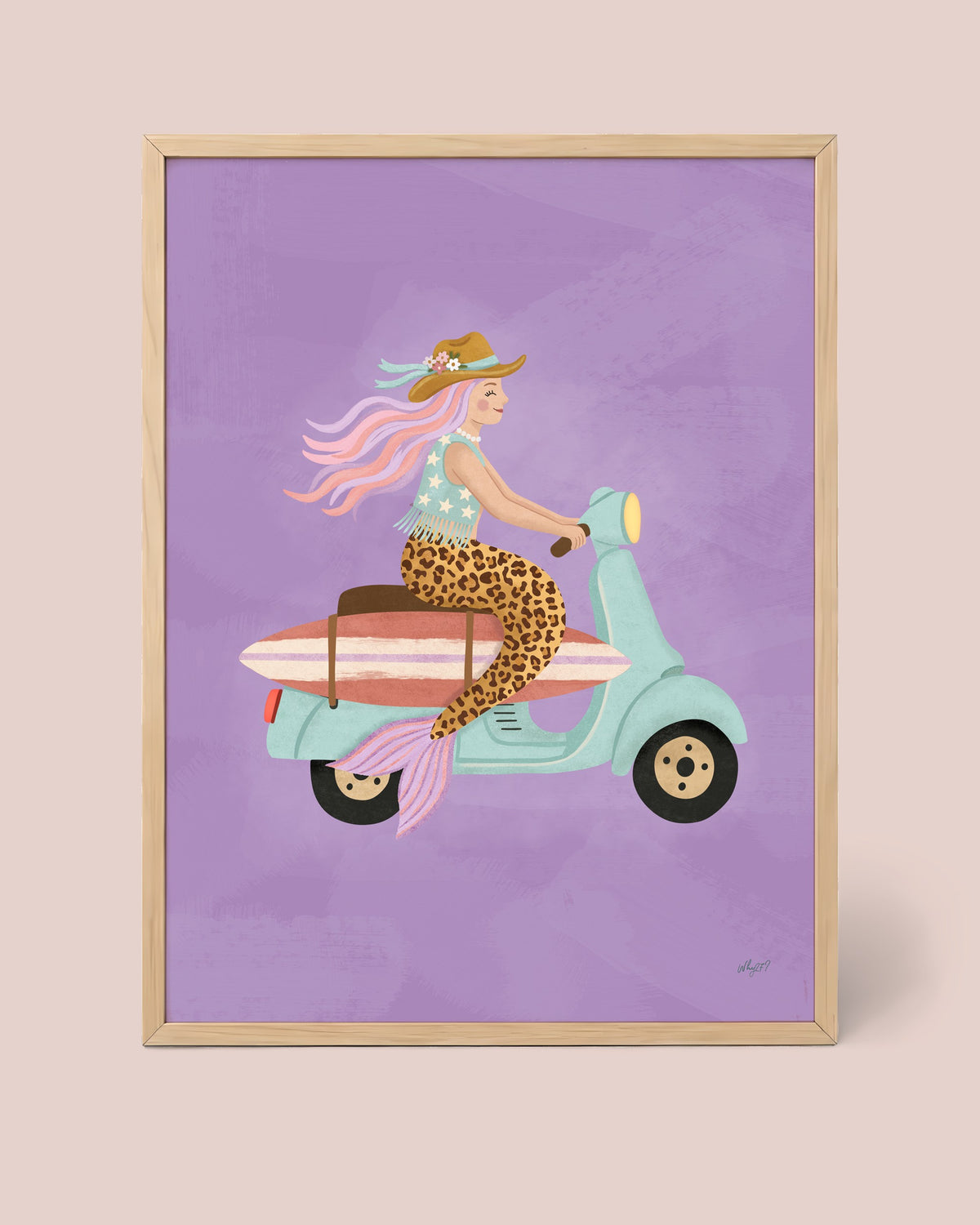 Scooter Mermaid Poster framed in a natural wood frame