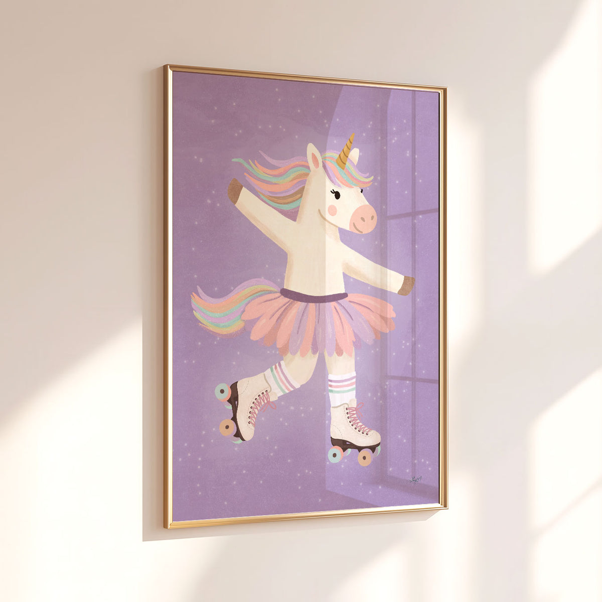 Illustrated poster of a unicorn in a tutu and roller skates gliding across a soft lilac sky