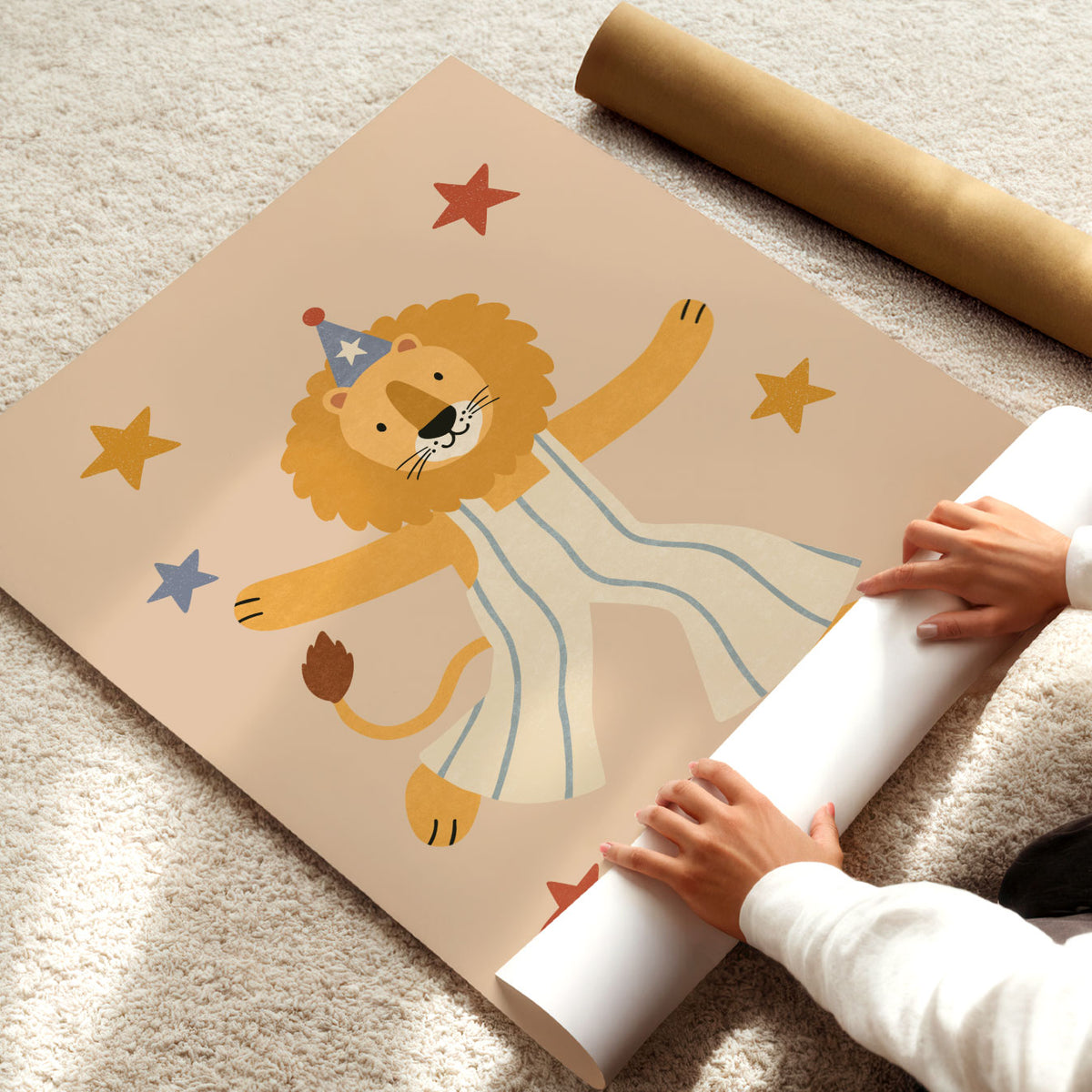 Illustrated poster of a lion in striped dungarees and a party hat riding a red skateboard