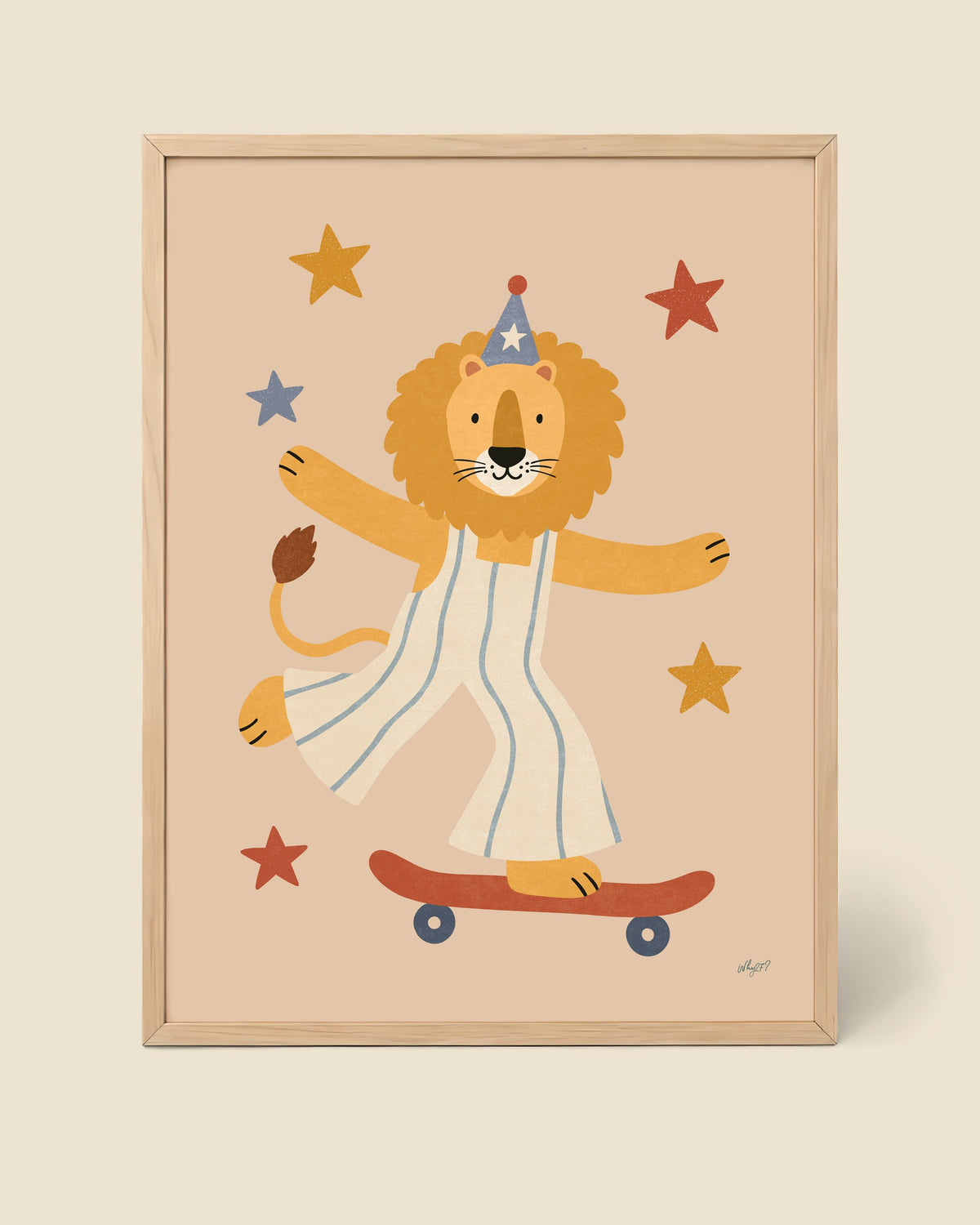 Party Lion Skateboard Poster framed in a natural wood frame