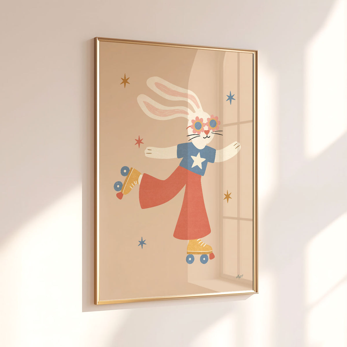 Illustrated poster of a bunny in flower sunglasses and red trousers gliding on roller skates
