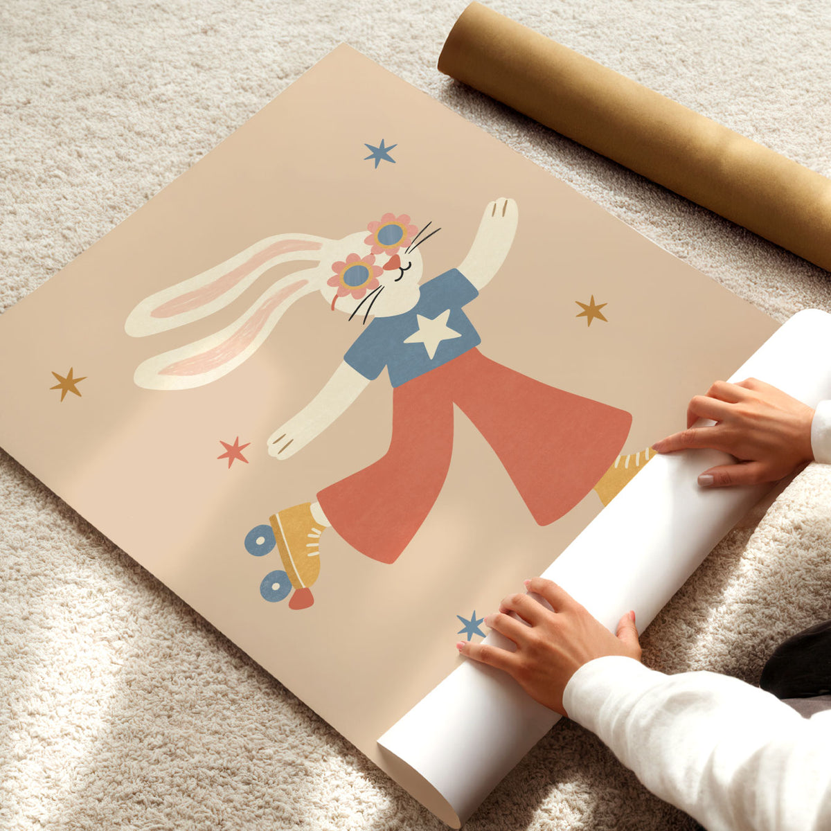 Illustrated poster of a bunny in flower sunglasses and red trousers gliding on roller skates
