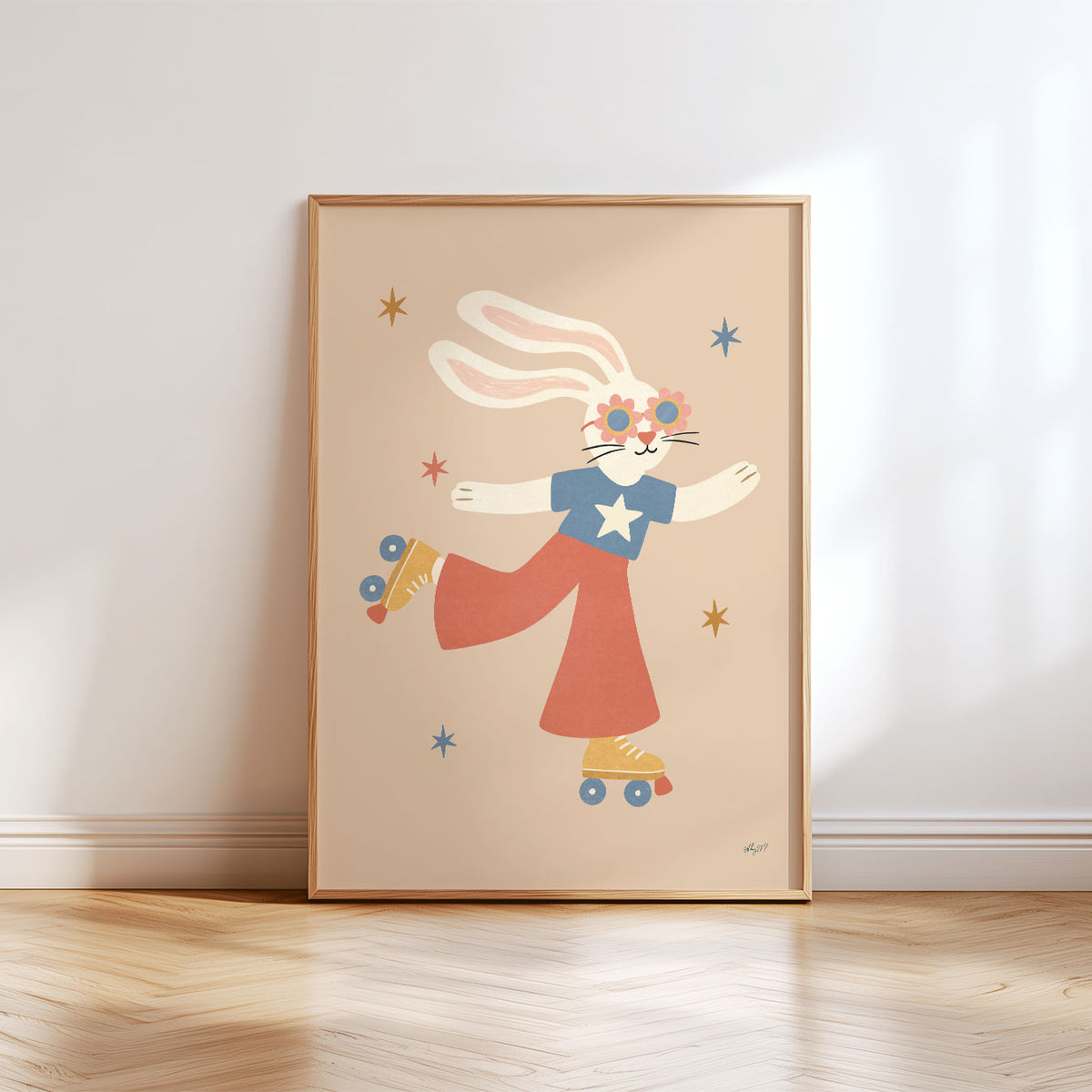 Illustrated poster of a bunny in flower sunglasses and red trousers gliding on roller skates