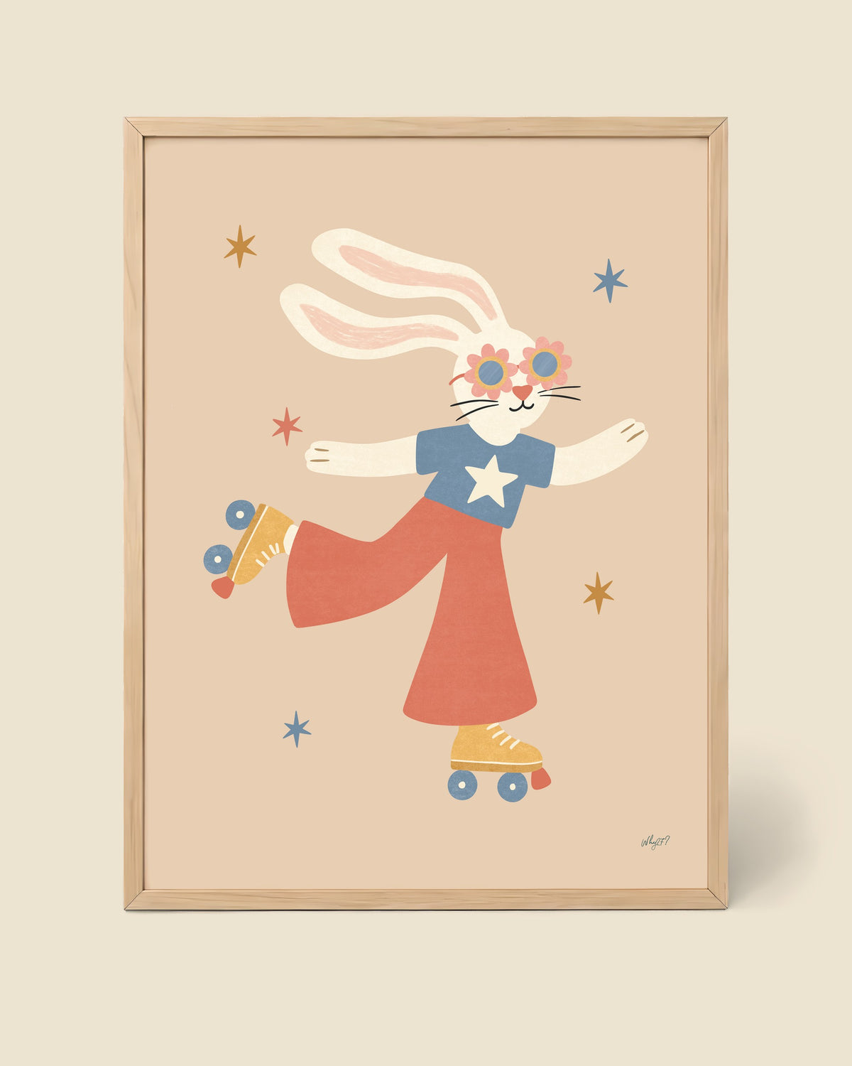 Roller Skating Bunny Poster framed in a natural wood frame