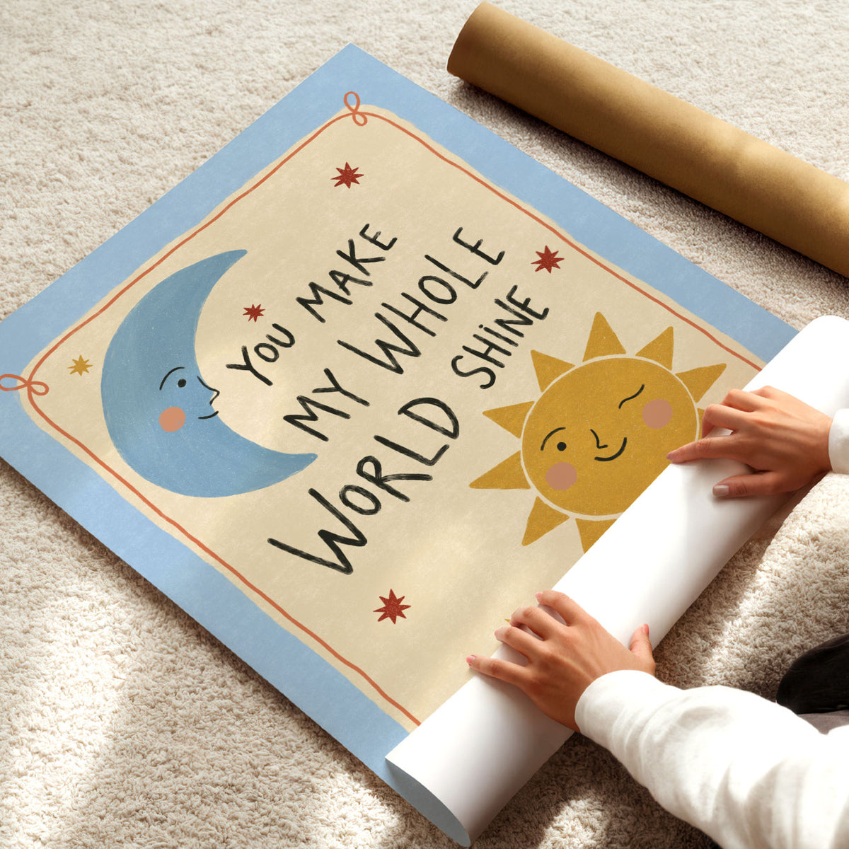 Illustrated poster with a moon and sun around the words you make my whole world shine
