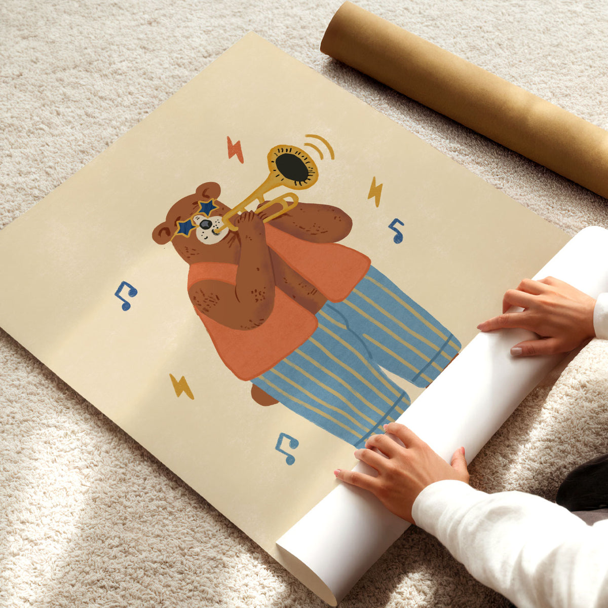 Illustrated poster of a bear in star sunglasses and striped trousers playing a golden trumpet