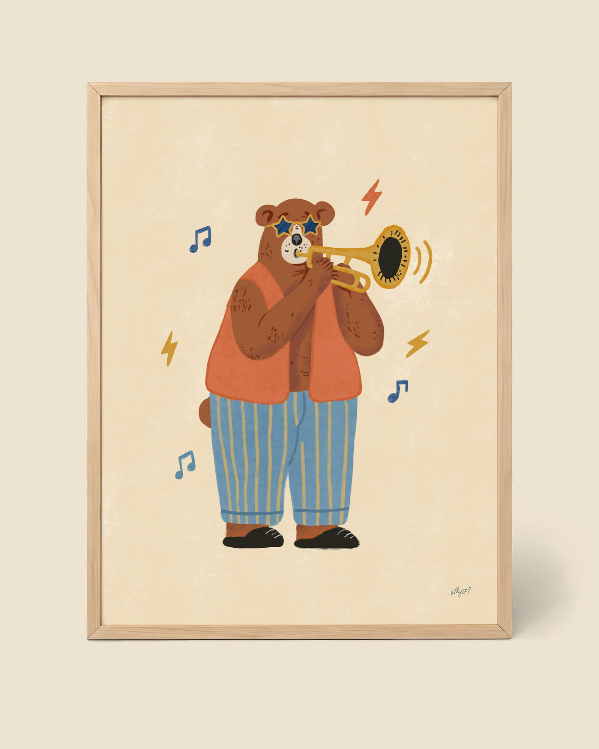 Trumpet Bear Poster framed in a natural wood frame