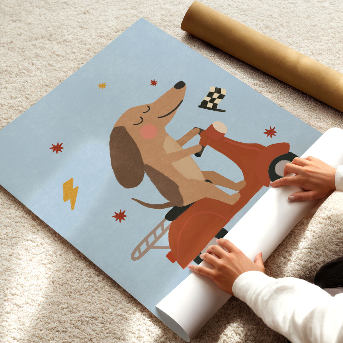 Illustrated poster of a long eared dog riding a red scooter past a checkered flag