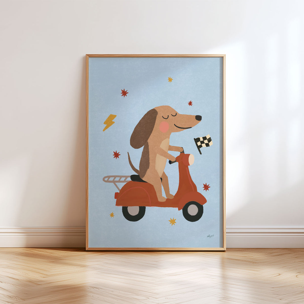 Illustrated poster of a long eared dog riding a red scooter past a checkered flag