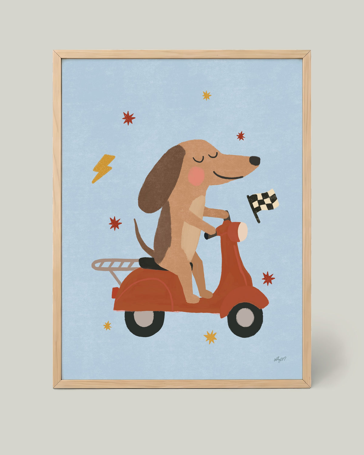 Racing Scooter Dog Poster framed in a natural wood frame