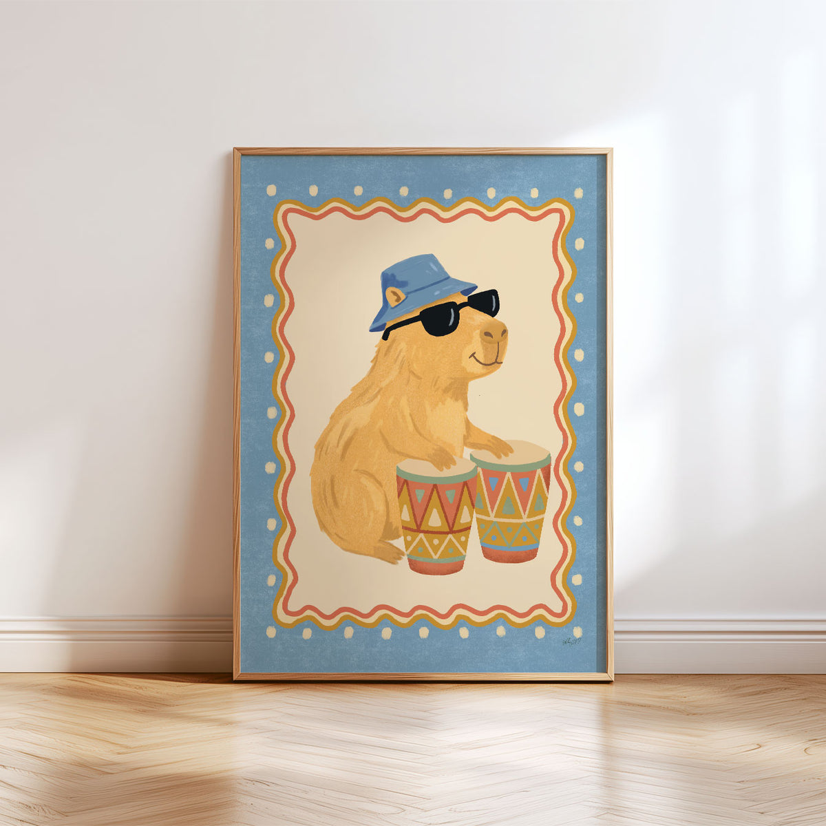 Illustrated poster of a capybara in a bucket hat and sunglasses playing bongo drums
