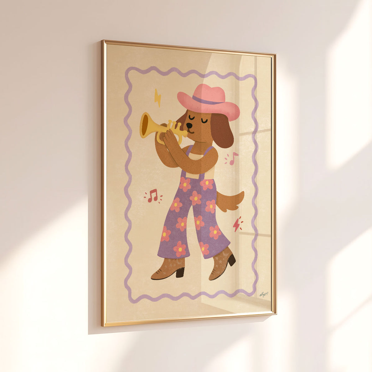 Illustrated dog in a pink cowboy hat and lilac floral overalls playing a golden trumpet on a cream background with a wavy lilac border.