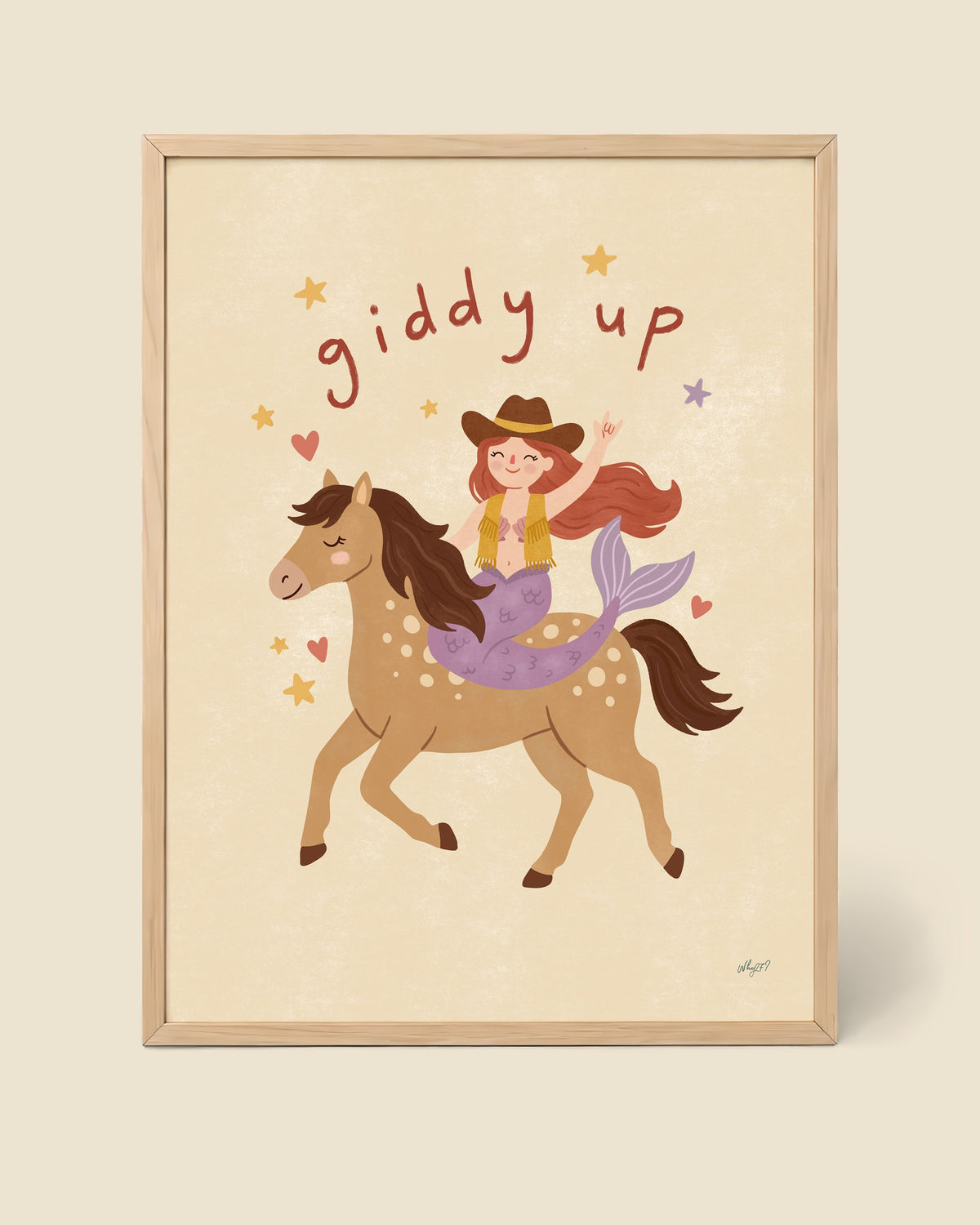 Giddy Up Mermaid Poster framed in a natural wood frame