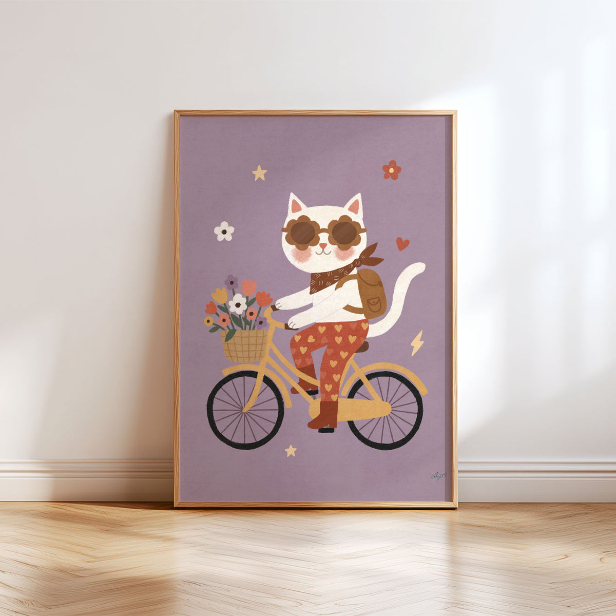 Illustrated white cat in flower-shaped sunglasses riding a yellow bicycle with a basket of flowers, on a dusty lilac background.
