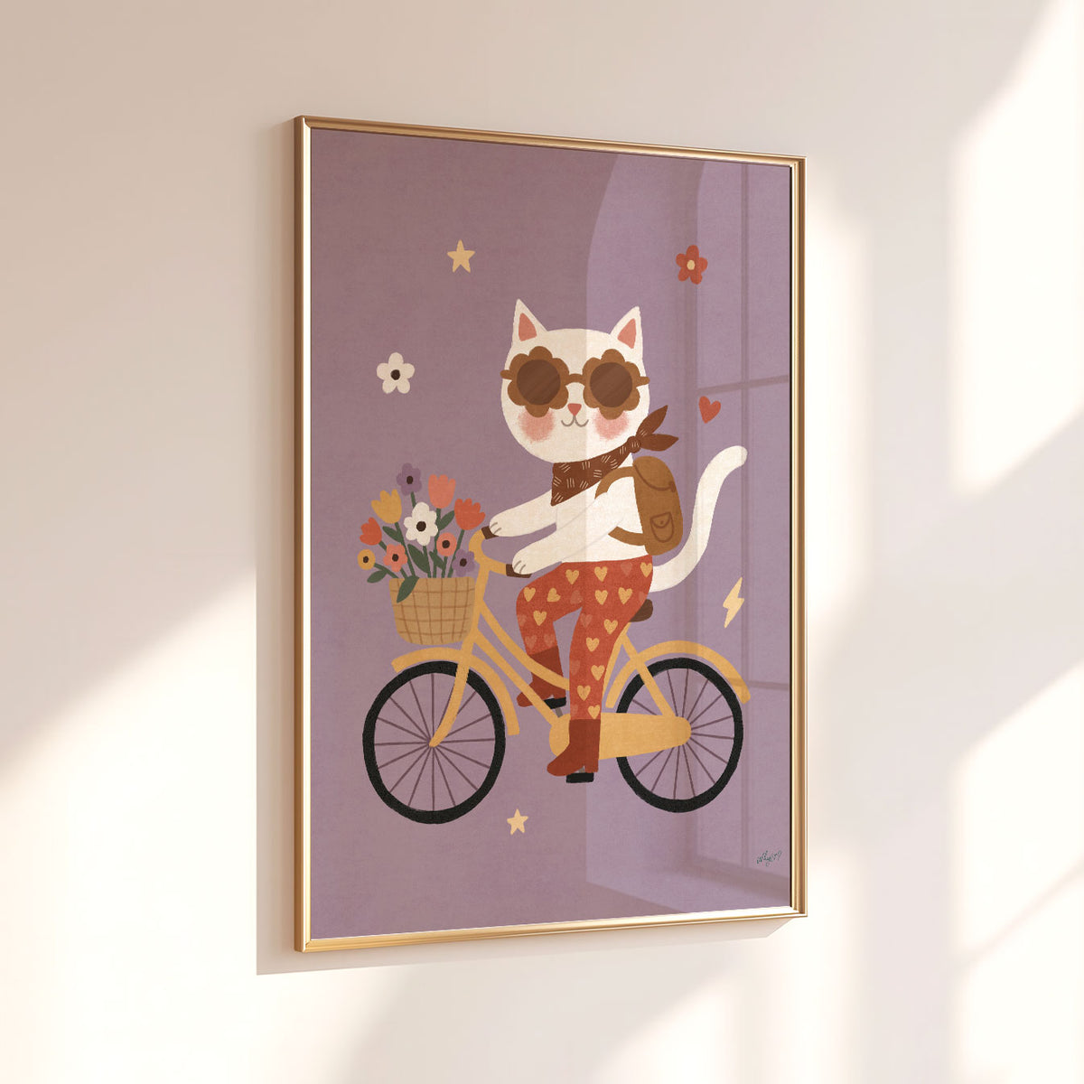 Illustrated white cat in flower-shaped sunglasses riding a yellow bicycle with a basket of flowers, on a dusty lilac background.