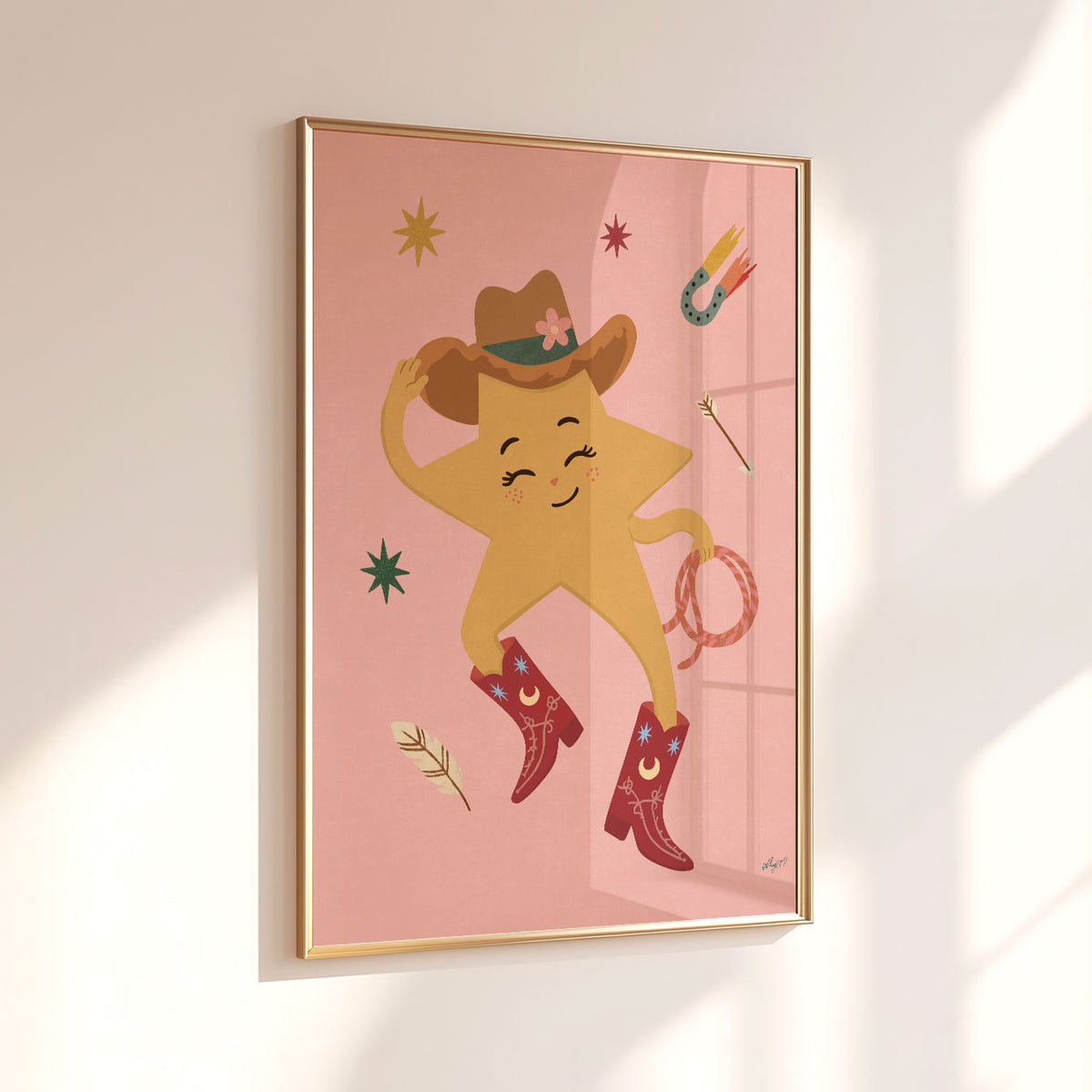 Illustrated yellow star with a face wearing a cowboy hat and red cowboy boots, holding a lasso, on a soft pink background.