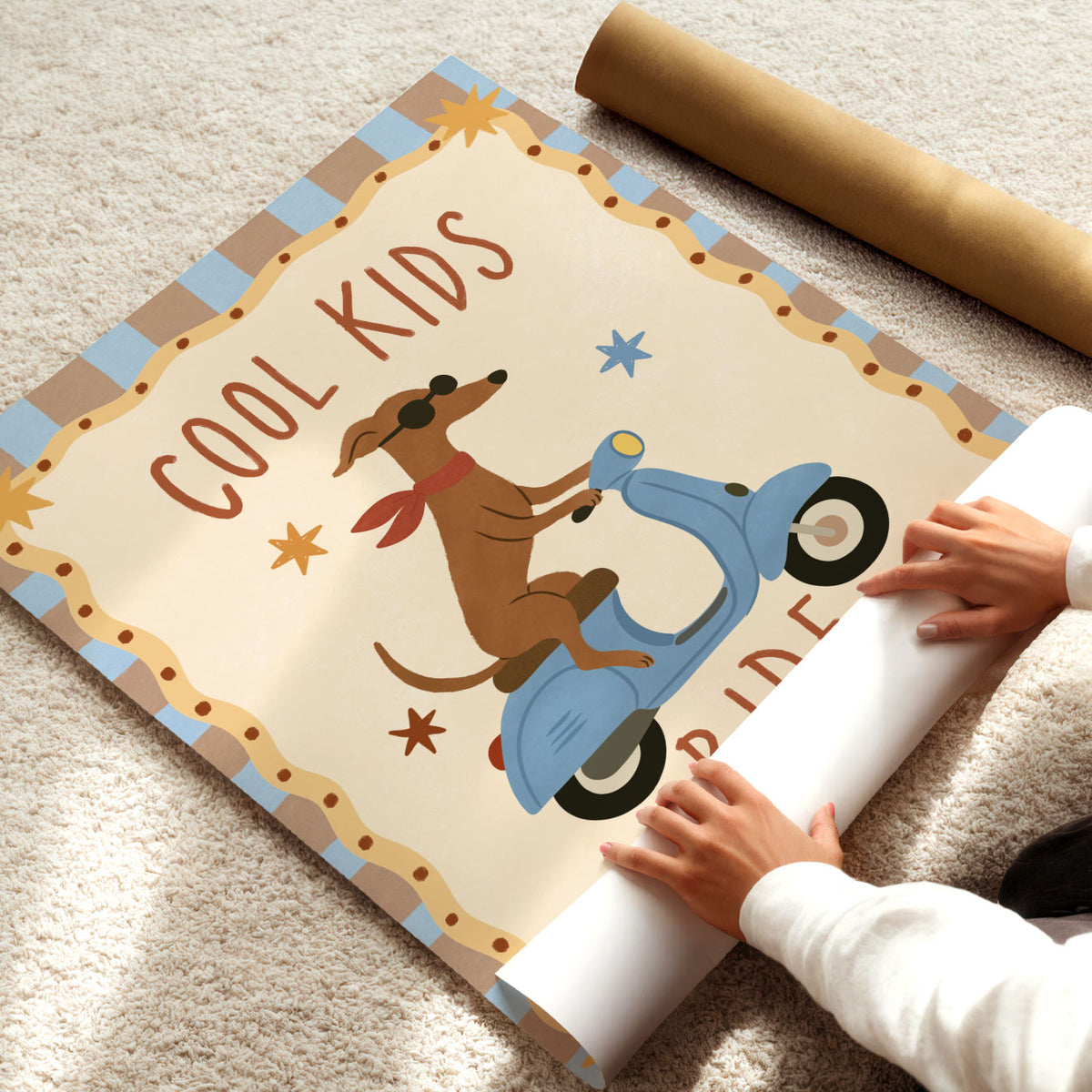 Illustrated poster of a dachshund in a beret driving a blue convertible with a checkered flag, under the words Good Days Ahead