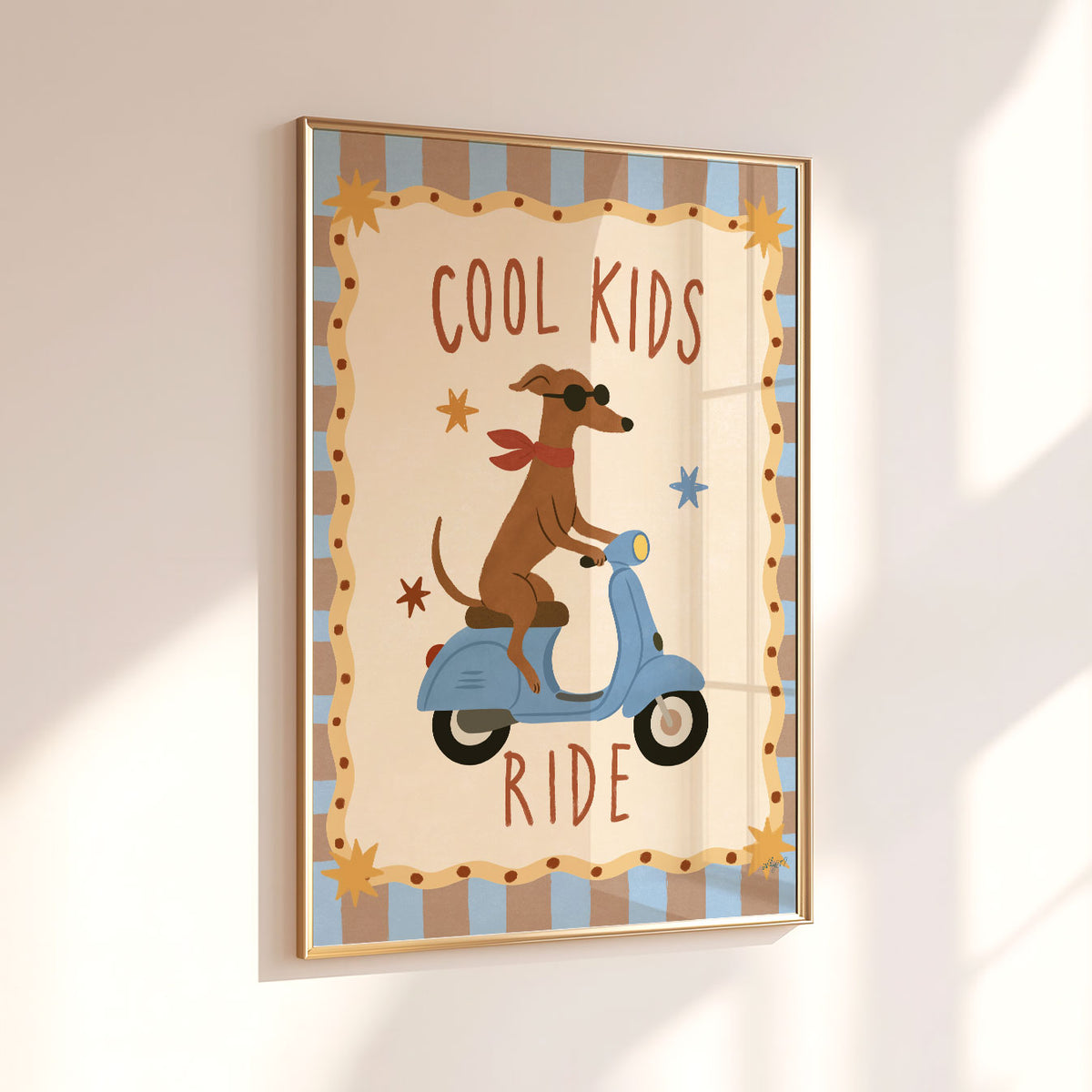 Illustrated poster of a dachshund in a beret driving a blue convertible with a checkered flag, under the words Good Days Ahead