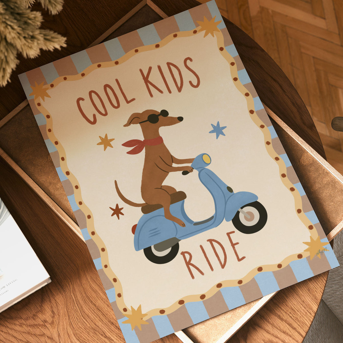 Illustrated poster of a dachshund in a beret driving a blue convertible with a checkered flag, under the words Good Days Ahead