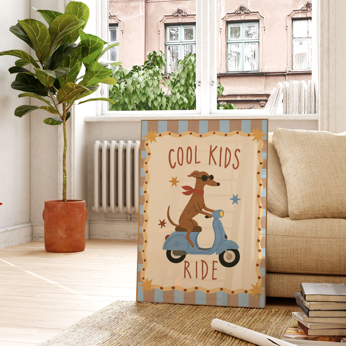 Illustrated poster of a dachshund in a beret driving a blue convertible with a checkered flag, under the words Good Days Ahead