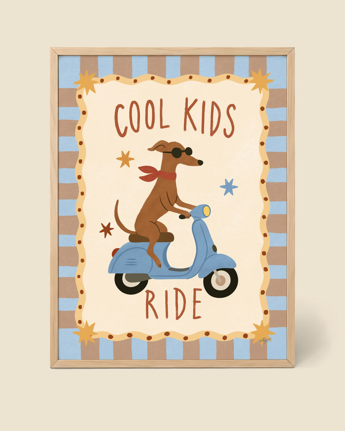 Race Car Dachshund Poster framed in a natural wood frame