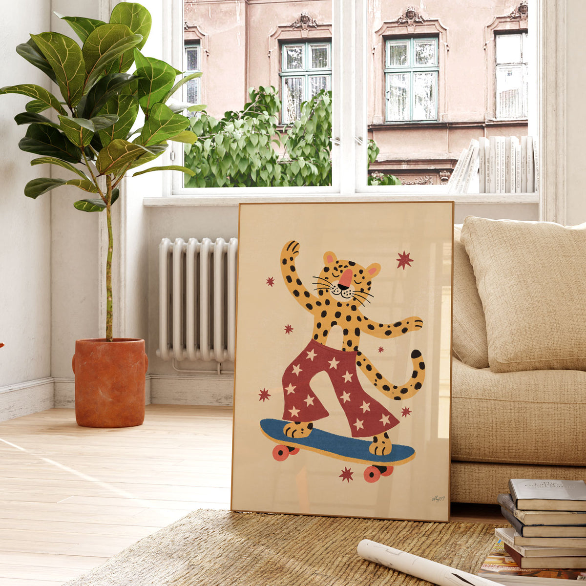Illustrated poster of a leopard riding a skateboard in red star-print pants with one arm raised, surrounded by small stars