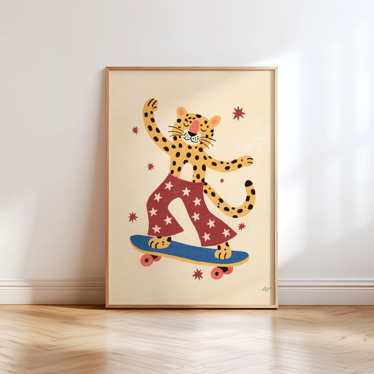 Illustrated poster of a leopard riding a skateboard in red star-print pants with one arm raised, surrounded by small stars