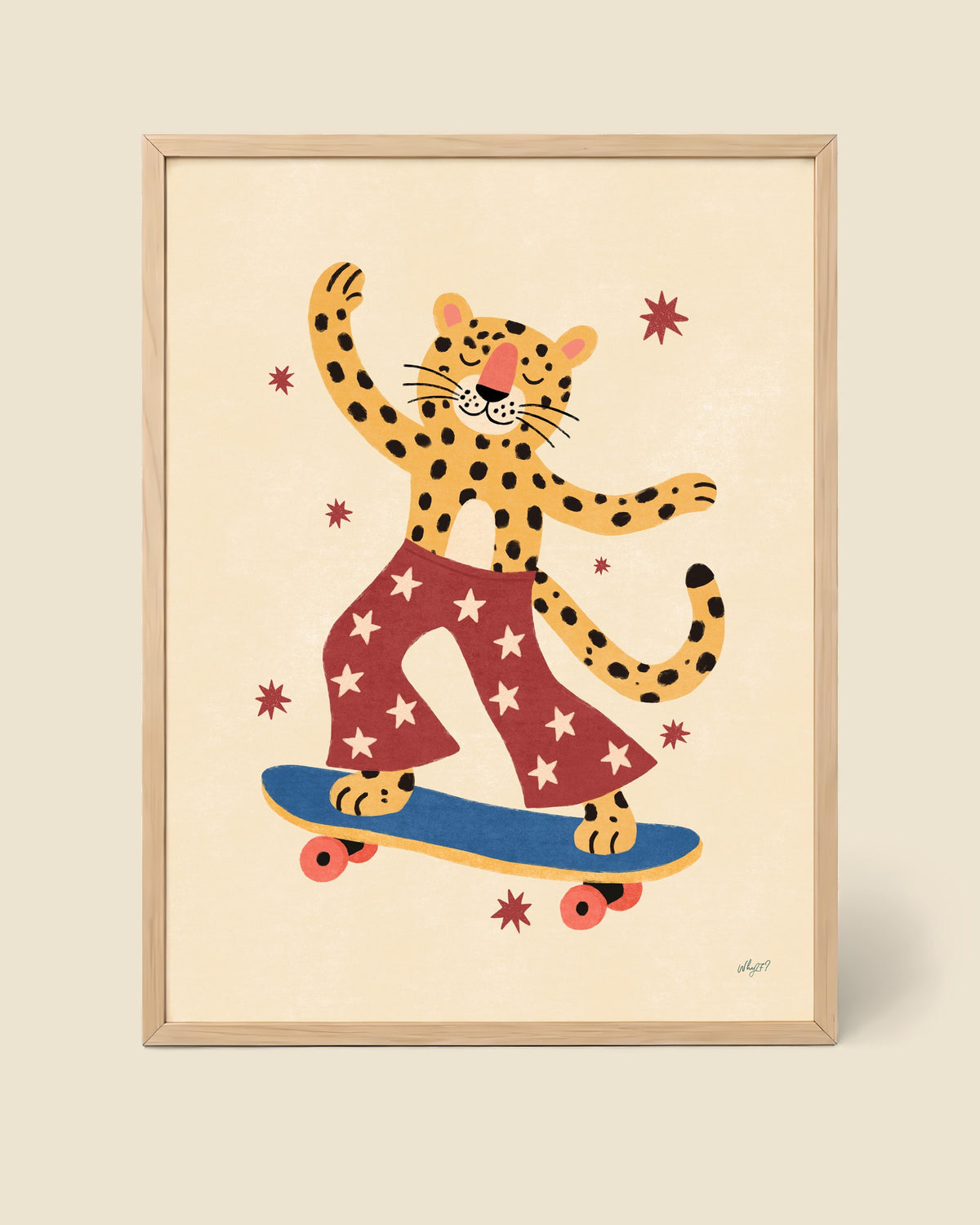 Skater Leopard Poster framed in a natural wood frame