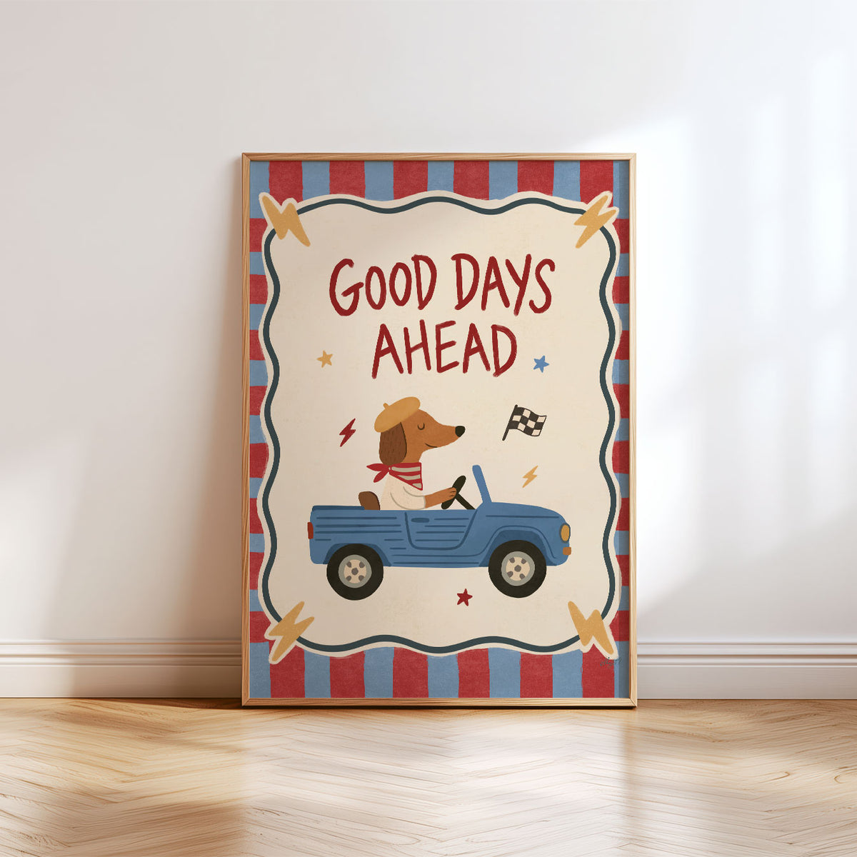 Illustrated poster of a greyhound in sunglasses riding a blue vintage scooter, under the words Cool Kids Ride