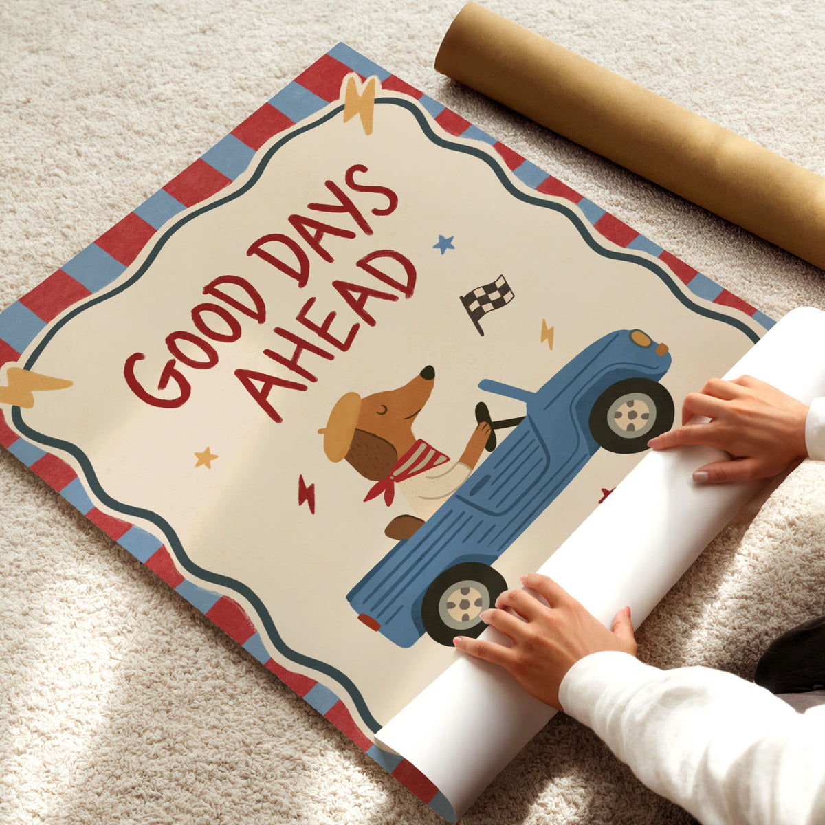 Illustrated poster of a greyhound in sunglasses riding a blue vintage scooter, under the words Cool Kids Ride