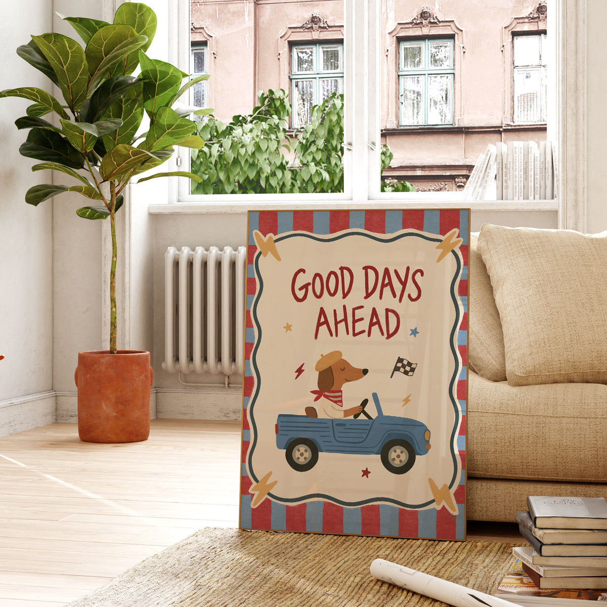 Illustrated poster of a greyhound in sunglasses riding a blue vintage scooter, under the words Cool Kids Ride