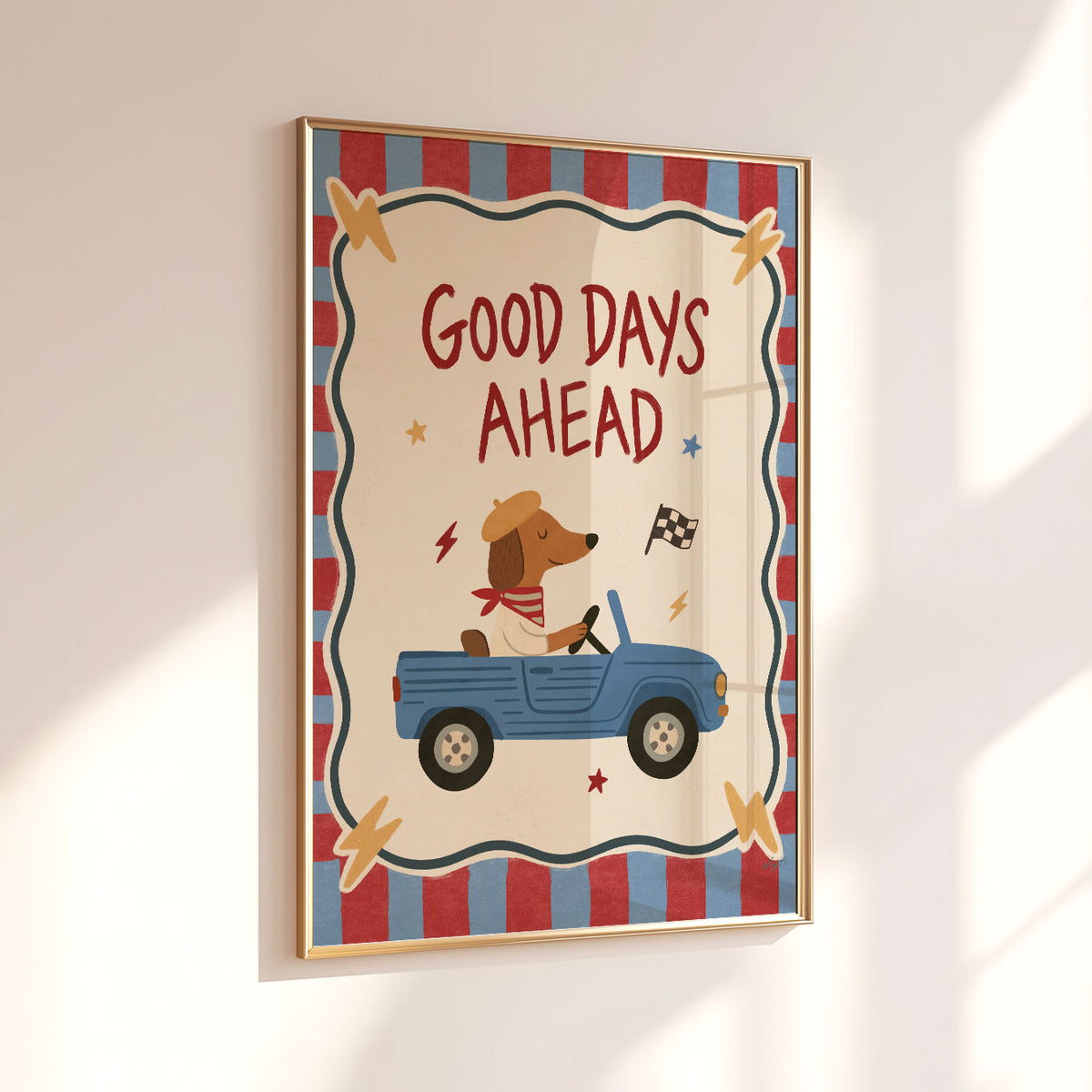Illustrated poster of a greyhound in sunglasses riding a blue vintage scooter, under the words Cool Kids Ride
