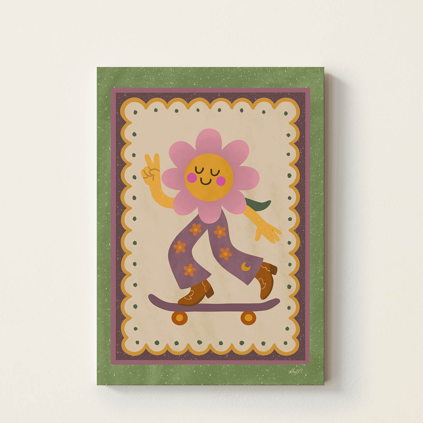 Hand-drawn smiling flower character riding a skateboard while making a peace sign, retro-inspired kids wall art for nurseries, bedrooms, and playrooms.