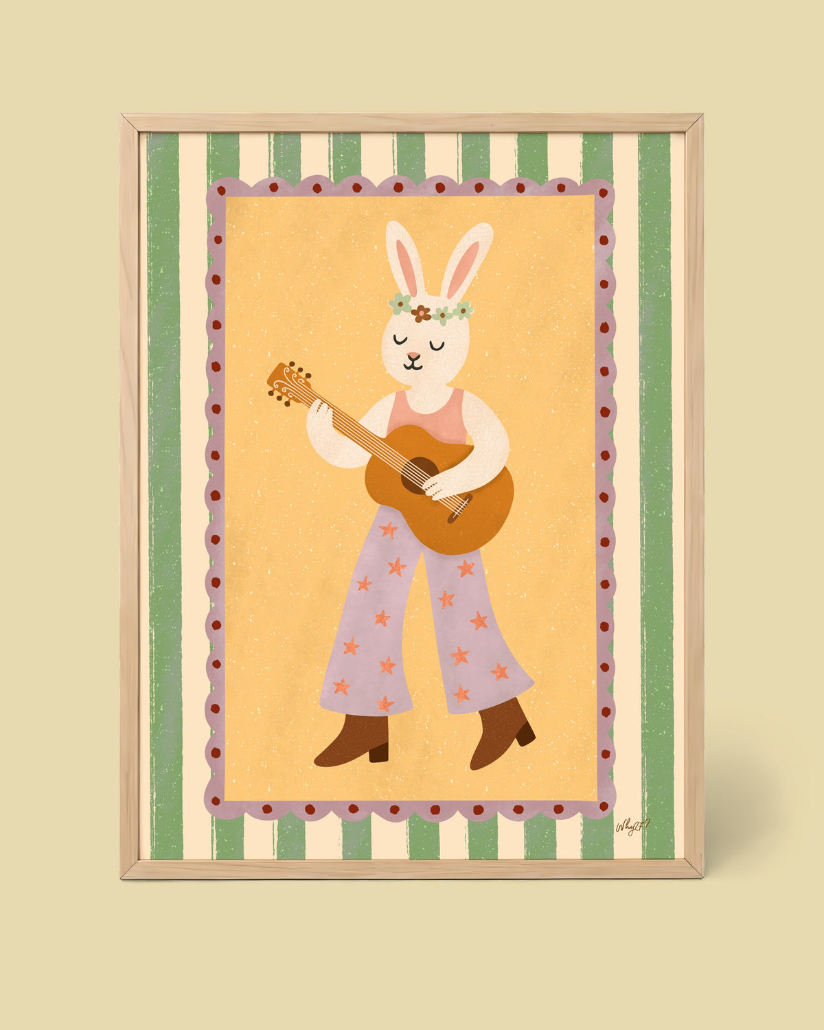 Rabbit With A Guitar Poster framed in a natural wood frame