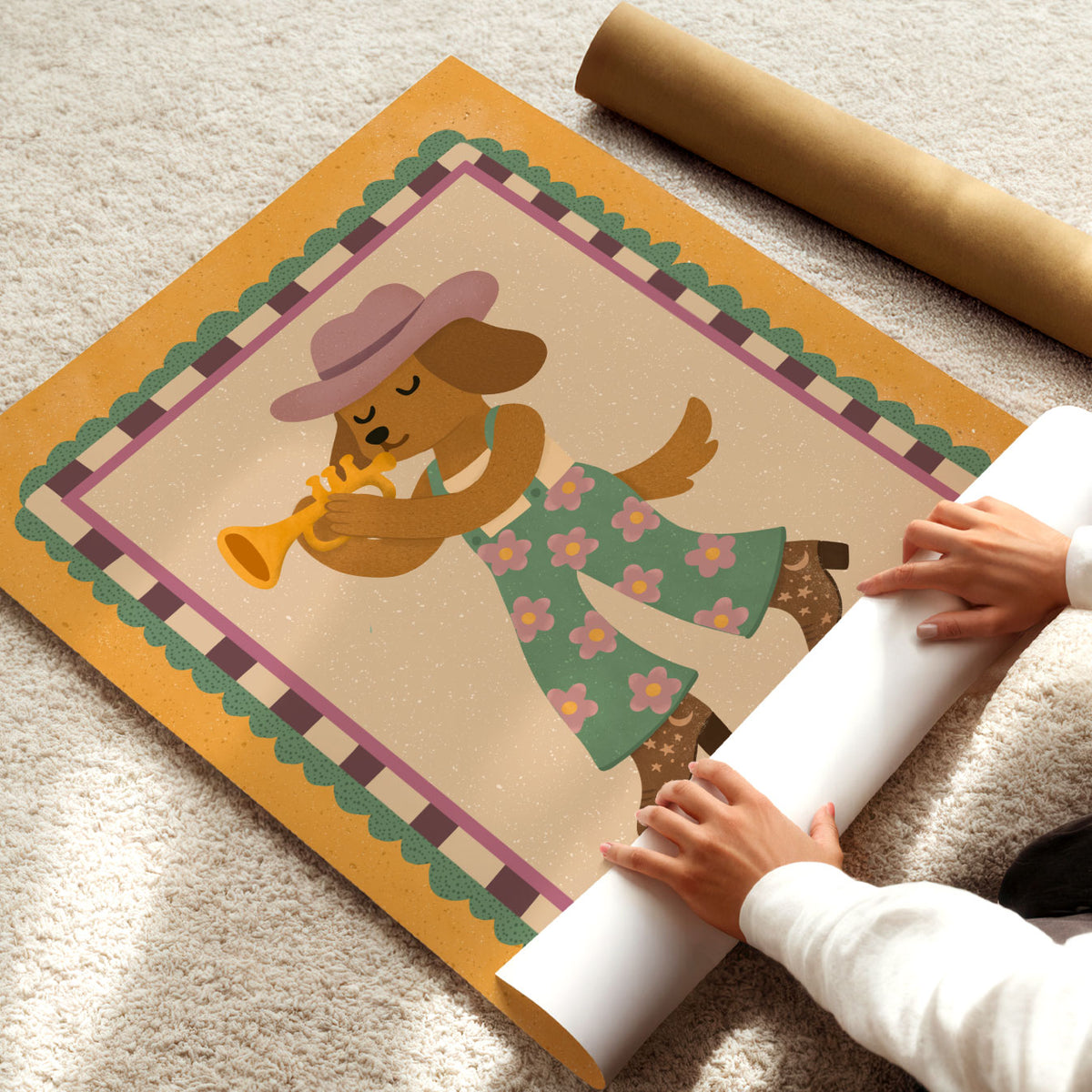 Music kids wall art featuring a hand-drawn dog playing trumpet inside a decorative retro border.