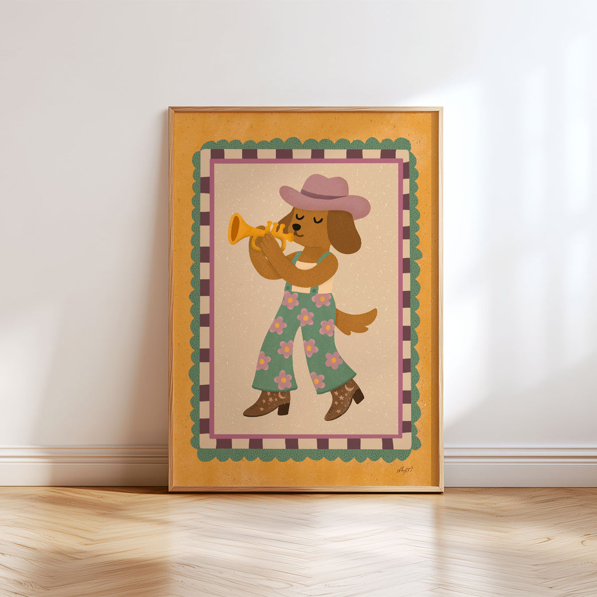 Playful dog musician playing a trumpet in a colourful retro outfit with pink hat and floral overalls.