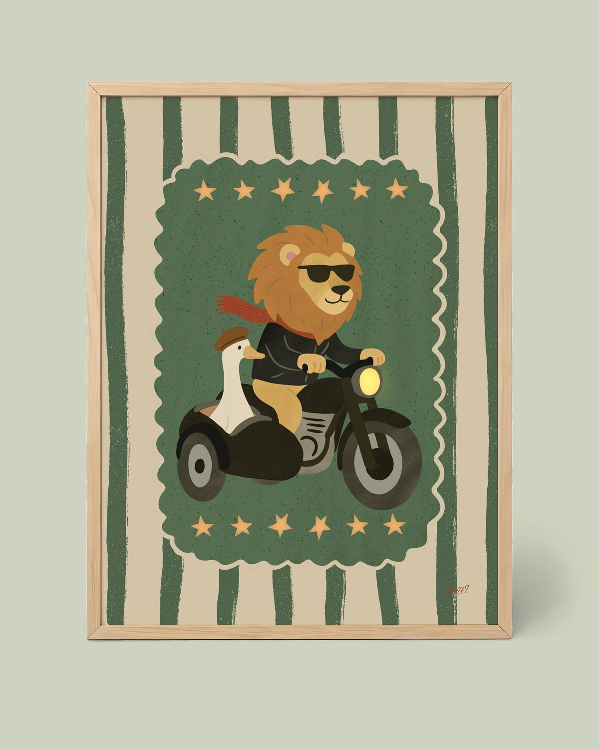 Sidecar Safari Poster framed in a natural wood frame