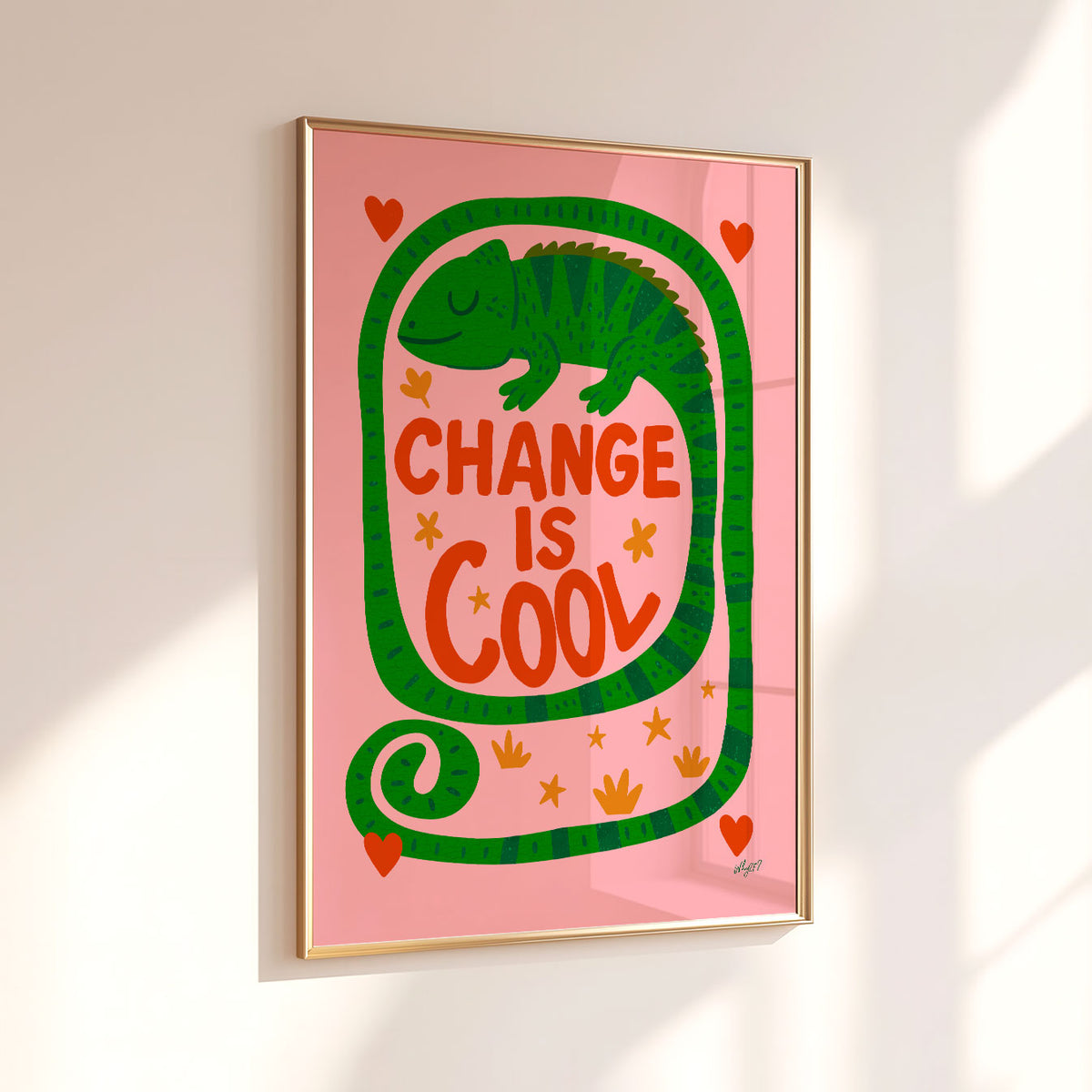 Colourful kids quote poster with Change Is Cool message in bright green, coral, orange and pink.