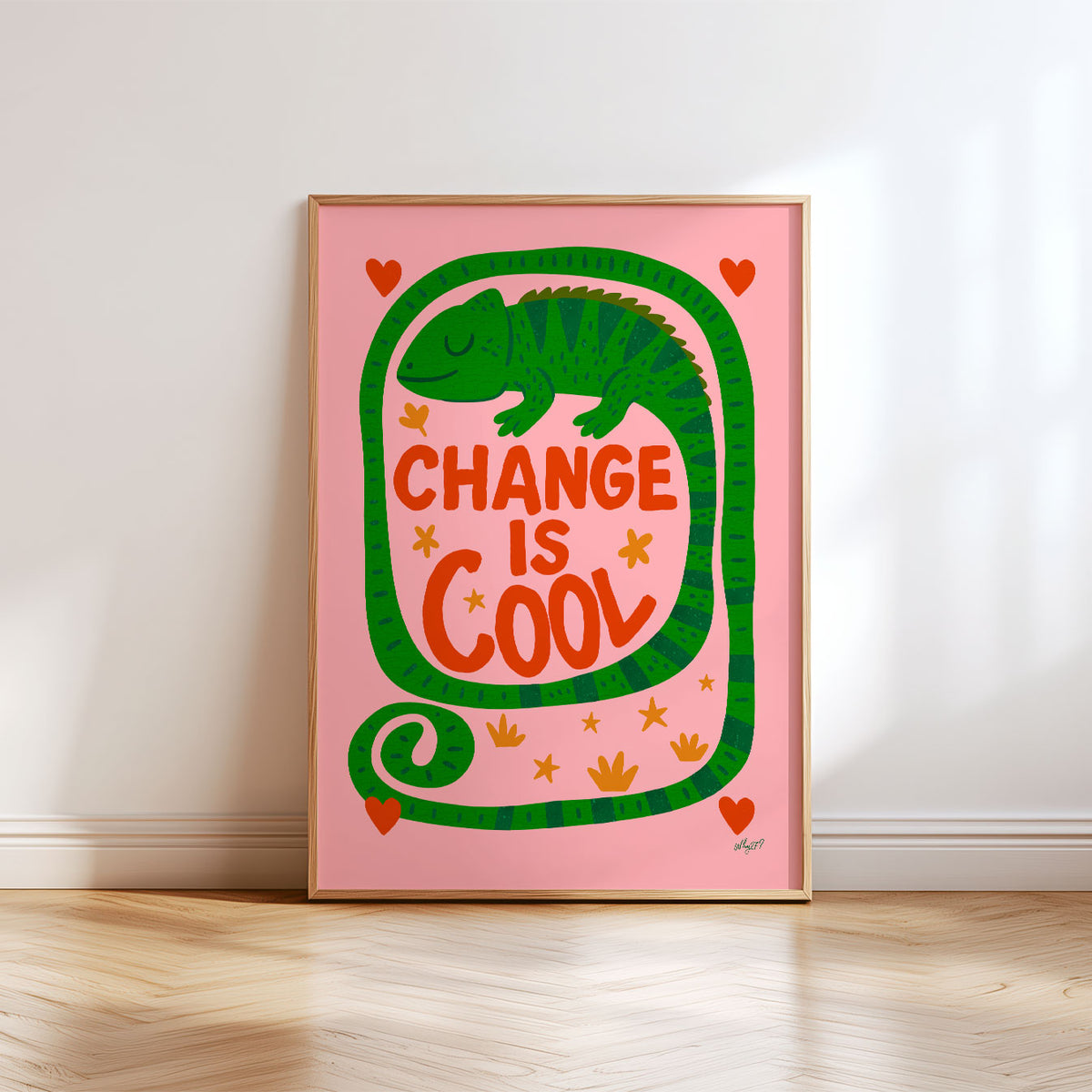 Hand-drawn chameleon poster with an encouraging Change Is Cool message, hearts, stars and colourful details.