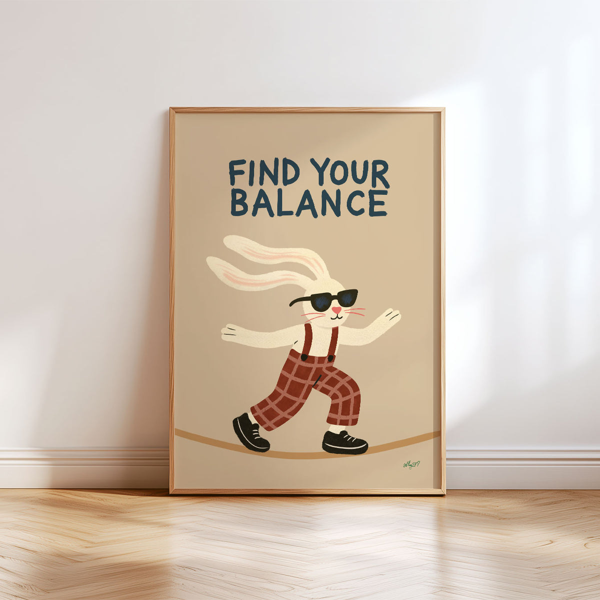 Retro kids quote poster featuring a cool bunny balancing beneath bold blue Find Your Balance lettering.