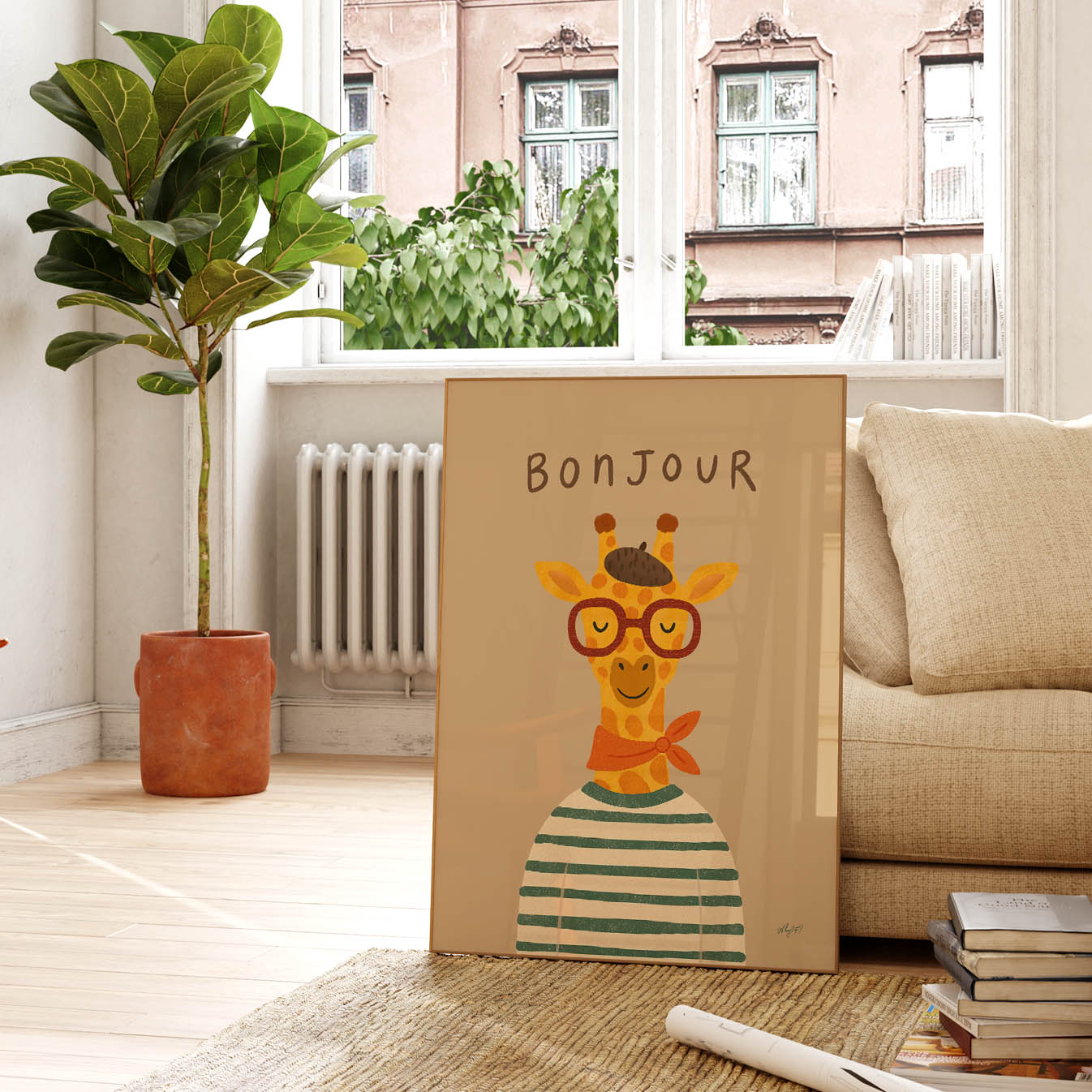 Bonjour Giraffe Poster