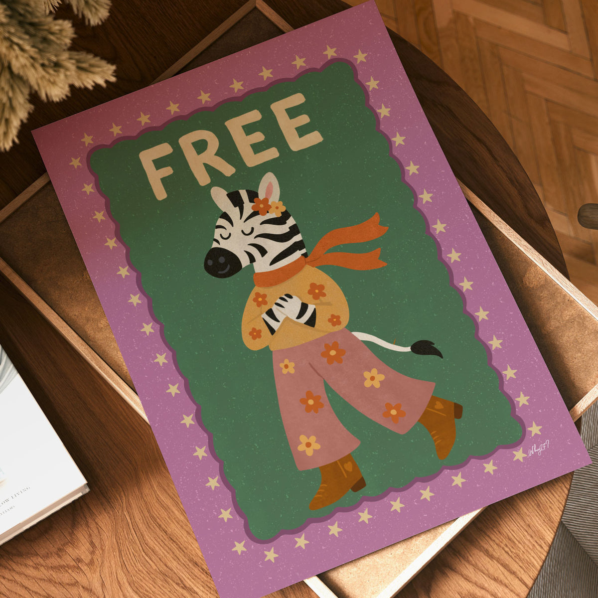 Retro kids wall art featuring a hand-drawn zebra character in orange, pink and green vintage-inspired clothing.