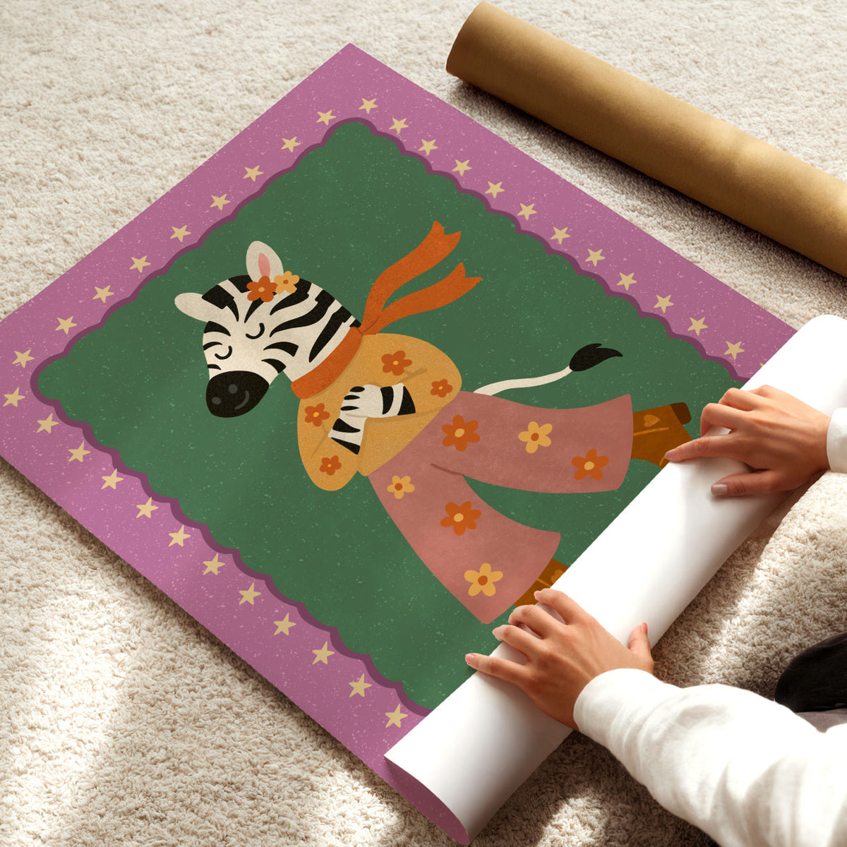 Colourful retro zebra wall art in green, pink and orange tones for a kids bedroom or playroom.