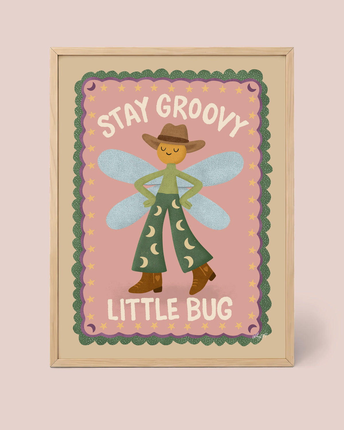 Stay Groovy Little Bug Poster framed in a natural wood frame